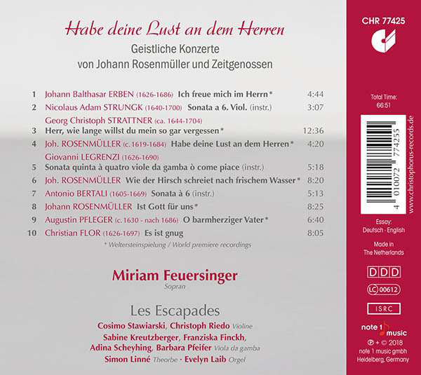 Johann Rosenmüller, Miriam Feuersinger, Les Escapades (2) : Habe Deine Lust An Dem Herren (CD)